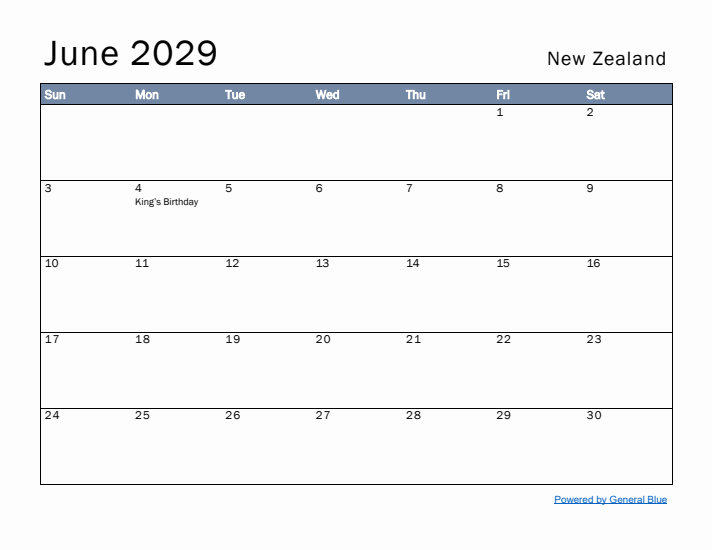 June 2029 Simple Monthly Calendar for New Zealand