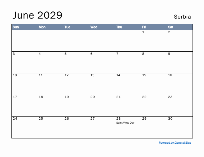 June 2029 Simple Monthly Calendar for Serbia