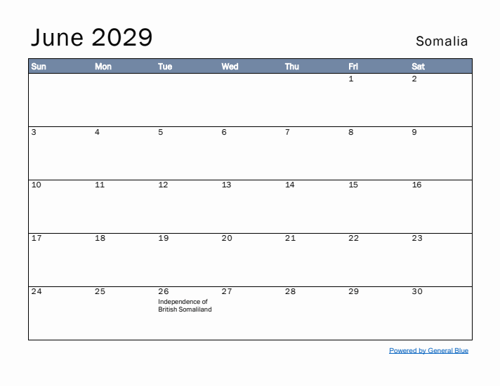 June 2029 Simple Monthly Calendar for Somalia