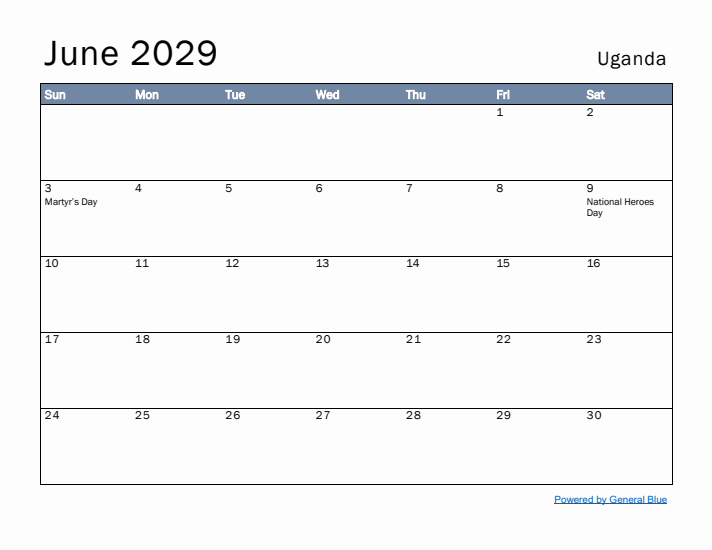 June 2029 Simple Monthly Calendar for Uganda