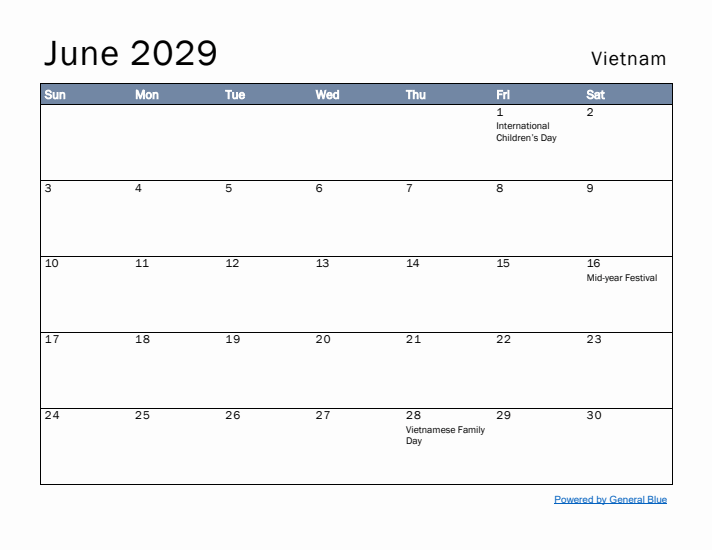 June 2029 Simple Monthly Calendar for Vietnam