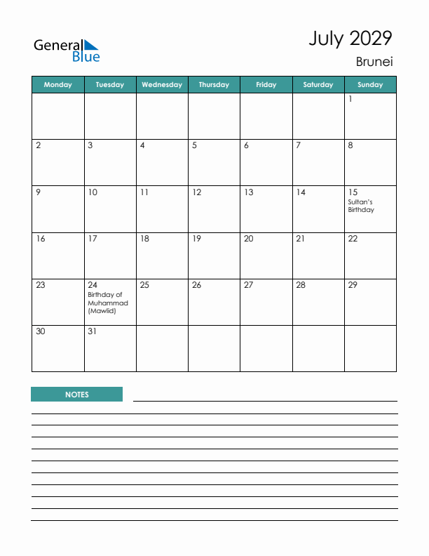 Calendar with Notes Printable - Monday Start