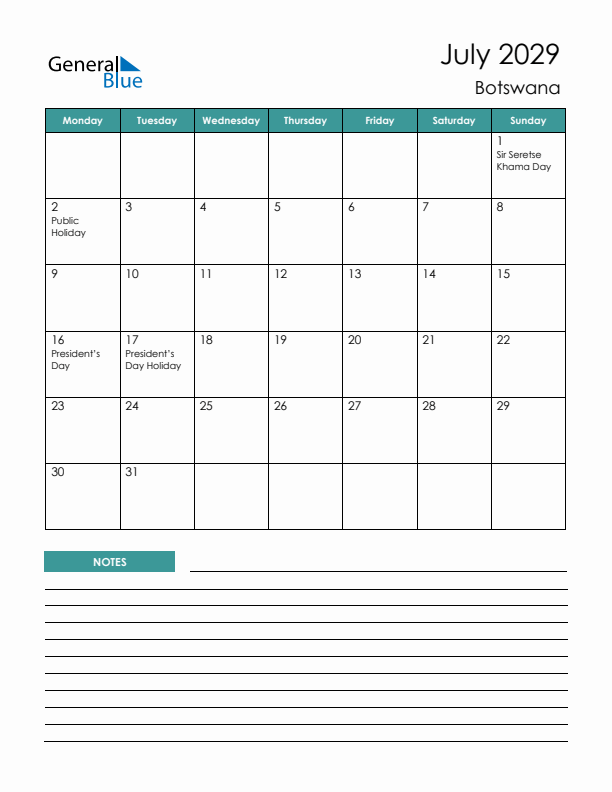 Calendar with Notes Printable - Monday Start