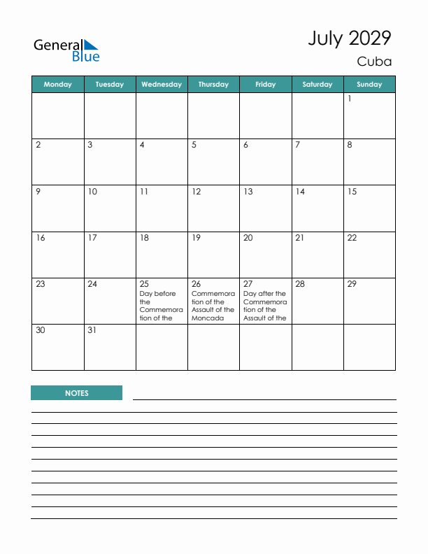 Calendar with Notes Printable - Monday Start