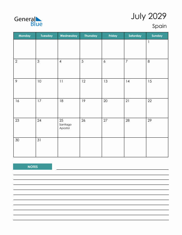 Calendar with Notes Printable - Monday Start