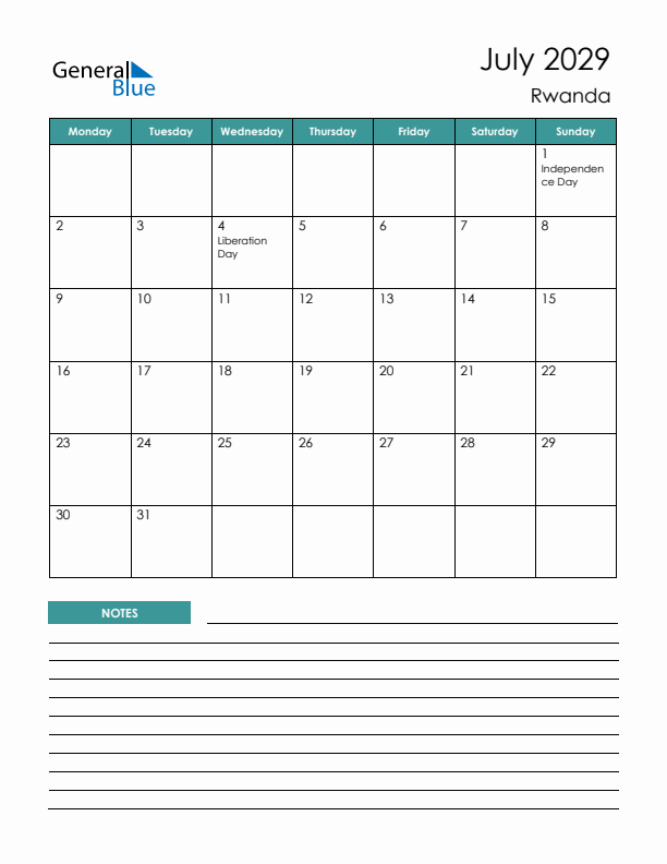 Calendar with Notes Printable - Monday Start