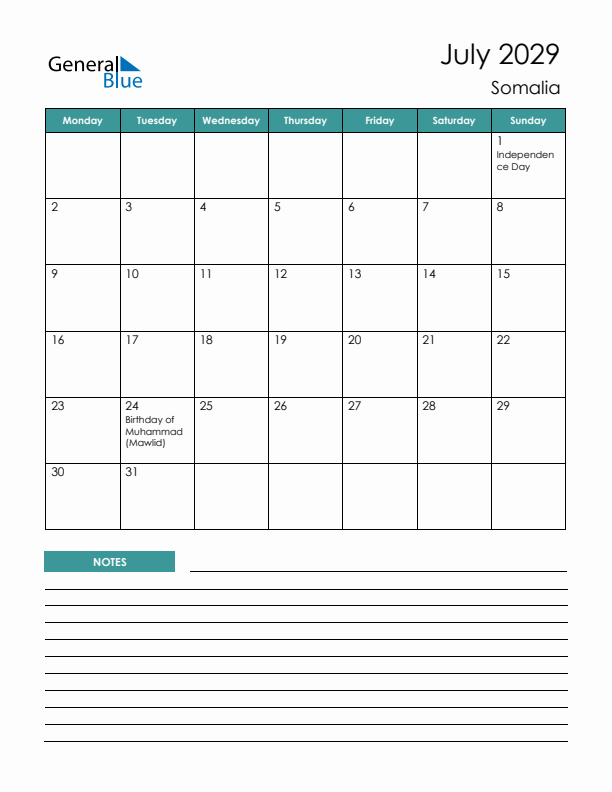 Calendar with Notes Printable - Monday Start