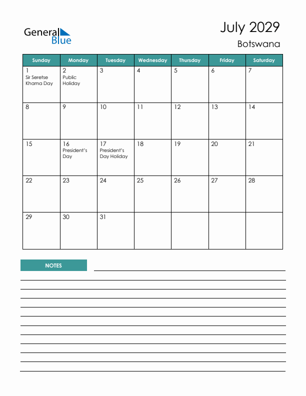 Calendar with Notes Printable - Sunday Start