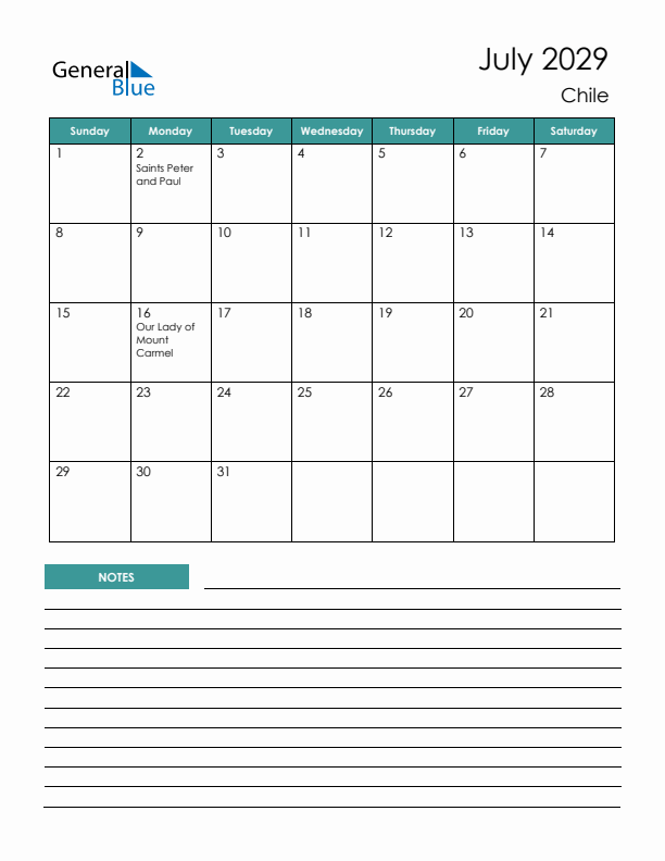 Calendar with Notes Printable - Sunday Start