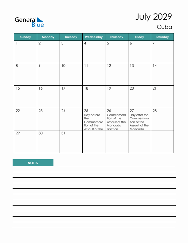 Calendar with Notes Printable - Sunday Start