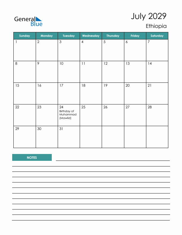 Calendar with Notes Printable - Sunday Start