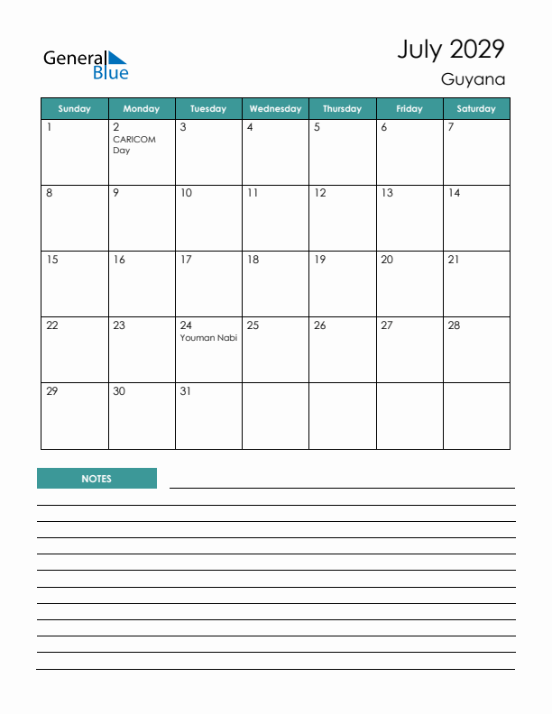 Calendar with Notes Printable - Sunday Start