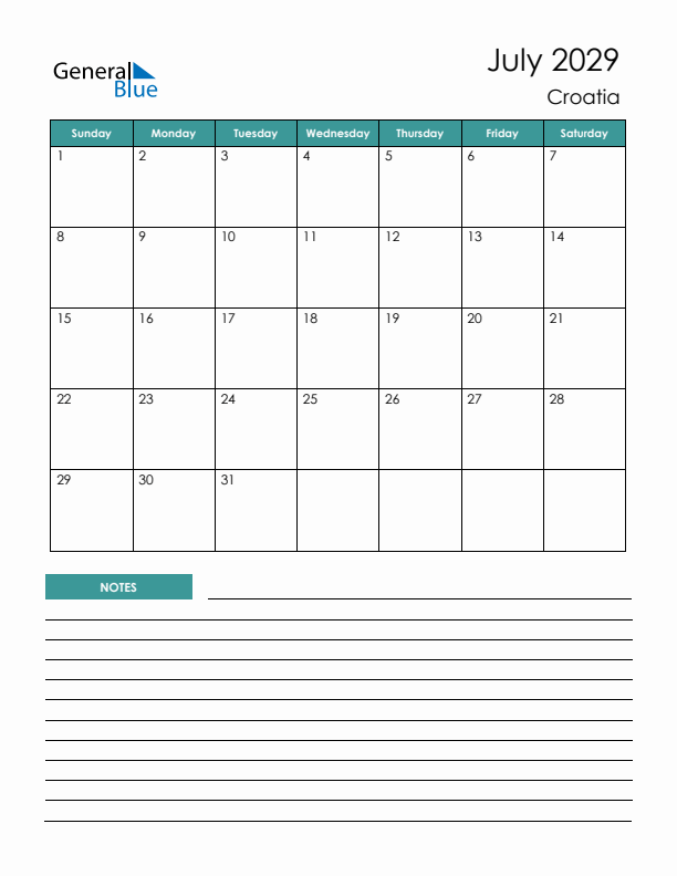 Calendar with Notes Printable - Sunday Start