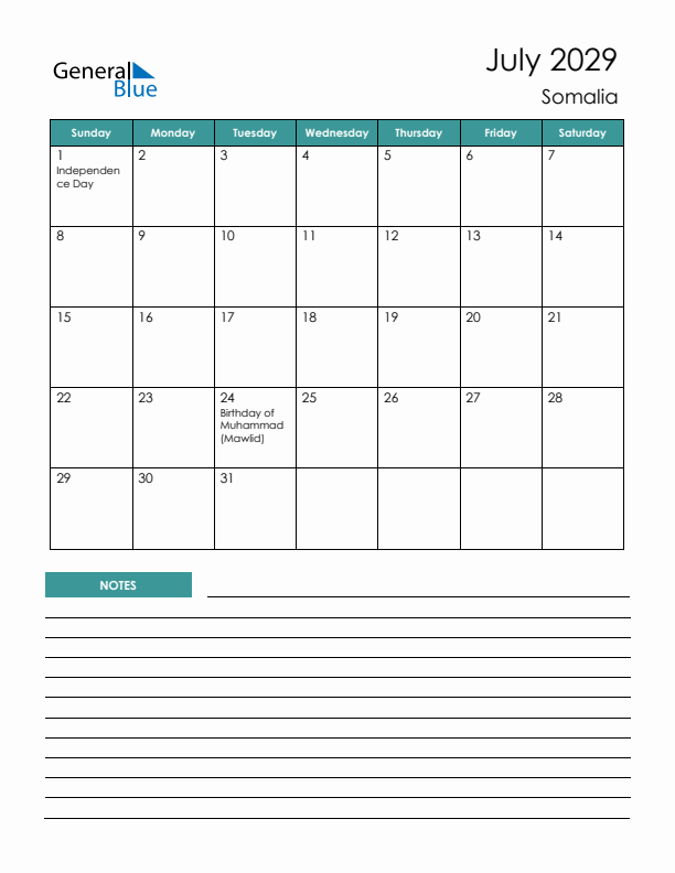 Calendar with Notes Printable - Sunday Start