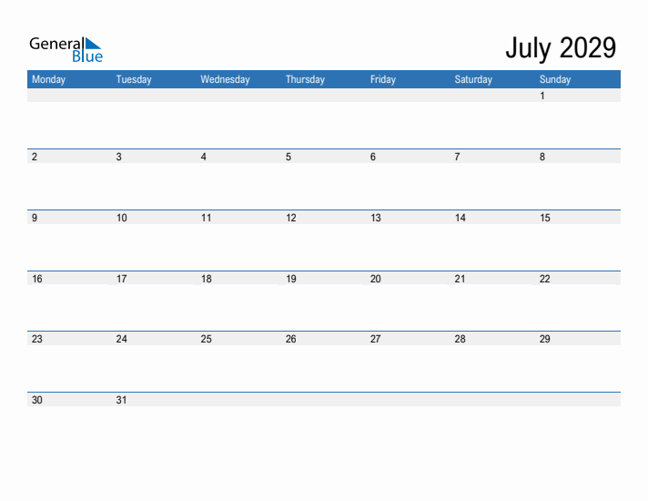 Fillable Calendar for July 2029