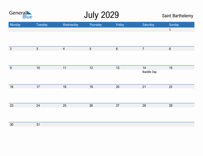 Fillable July 2029 Calendar