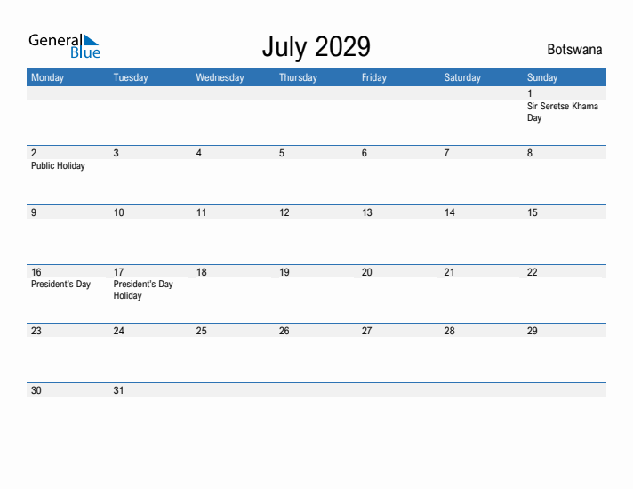 Fillable July 2029 Calendar