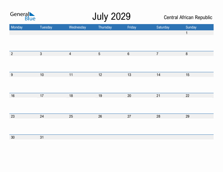 Fillable July 2029 Calendar