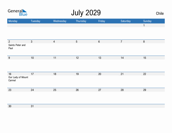 Fillable July 2029 Calendar