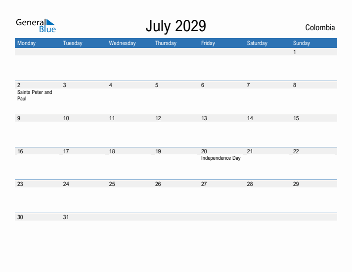 Fillable July 2029 Calendar