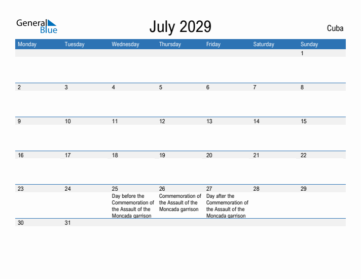 Fillable July 2029 Calendar