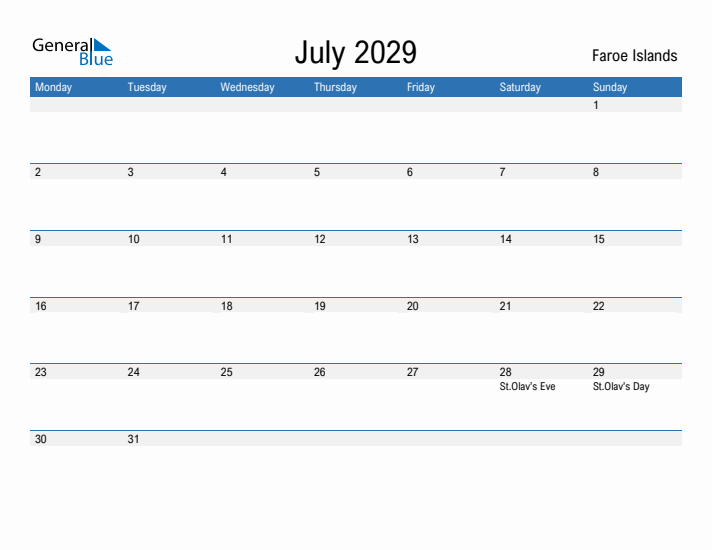 Fillable July 2029 Calendar