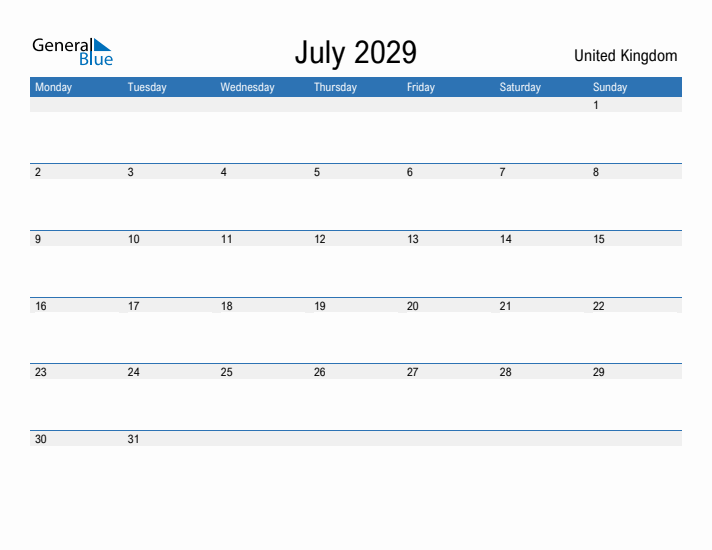 Fillable July 2029 Calendar