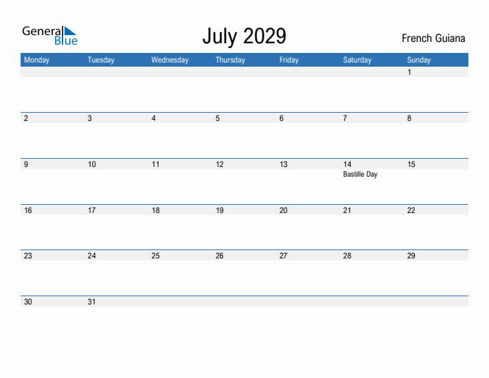 Fillable July 2029 Calendar