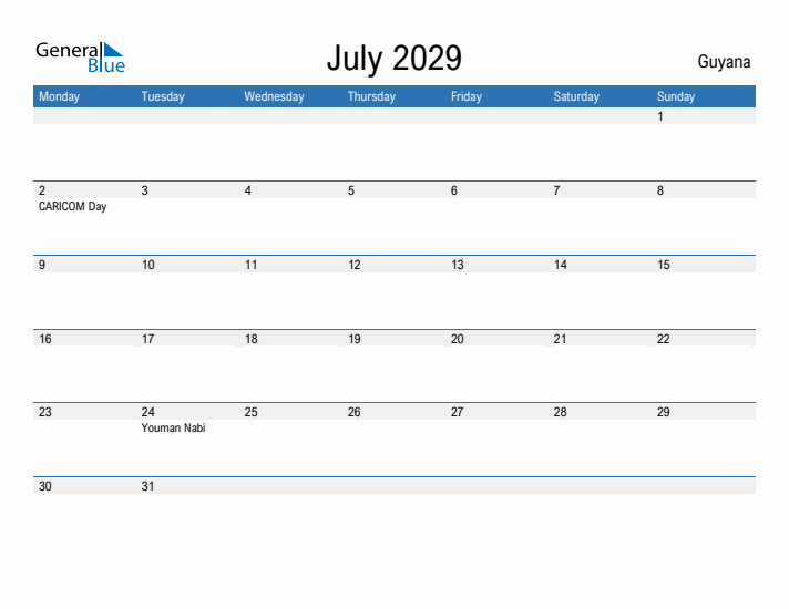 Fillable July 2029 Calendar