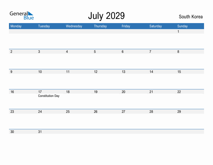 Fillable July 2029 Calendar