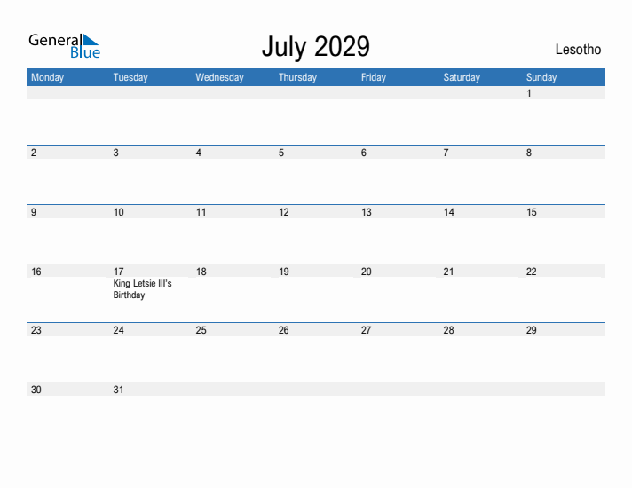 Fillable July 2029 Calendar