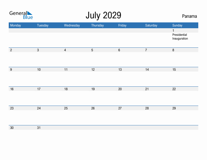 Fillable July 2029 Calendar