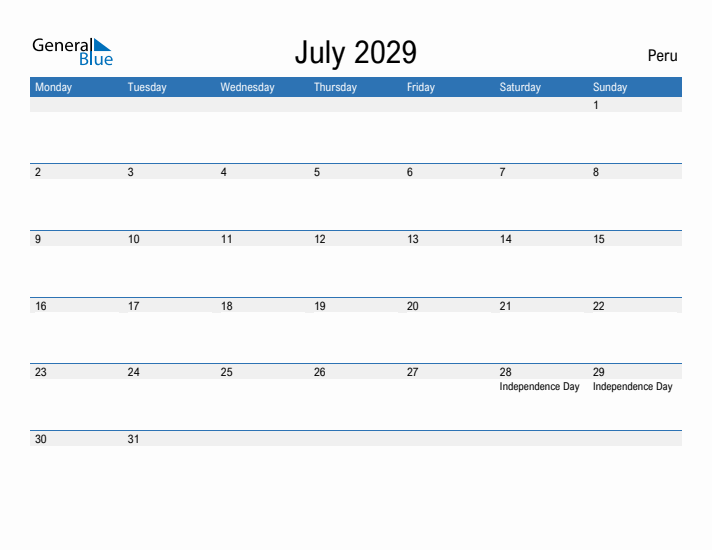 Fillable July 2029 Calendar