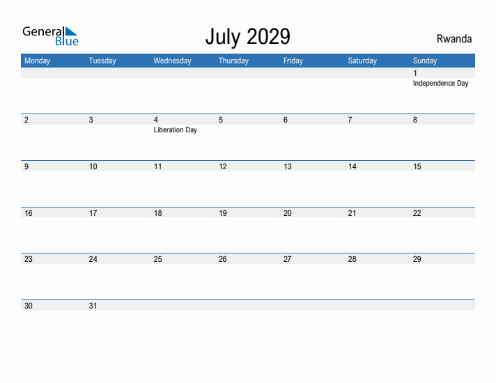 Fillable July 2029 Calendar