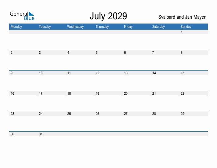 Fillable July 2029 Calendar