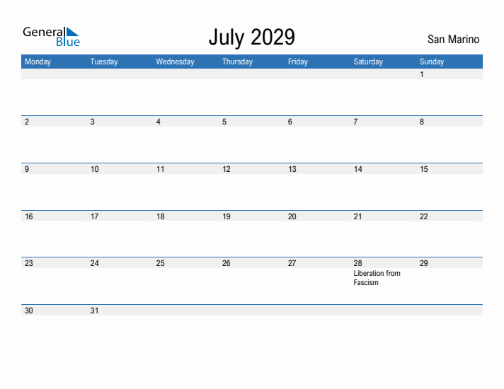 Fillable July 2029 Calendar