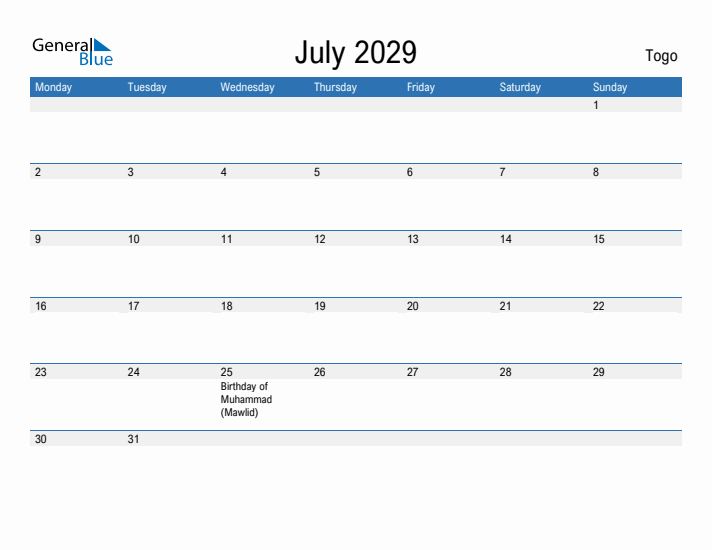 Fillable July 2029 Calendar