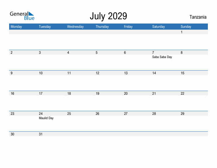 Fillable July 2029 Calendar