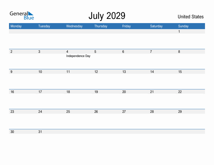 Fillable July 2029 Calendar