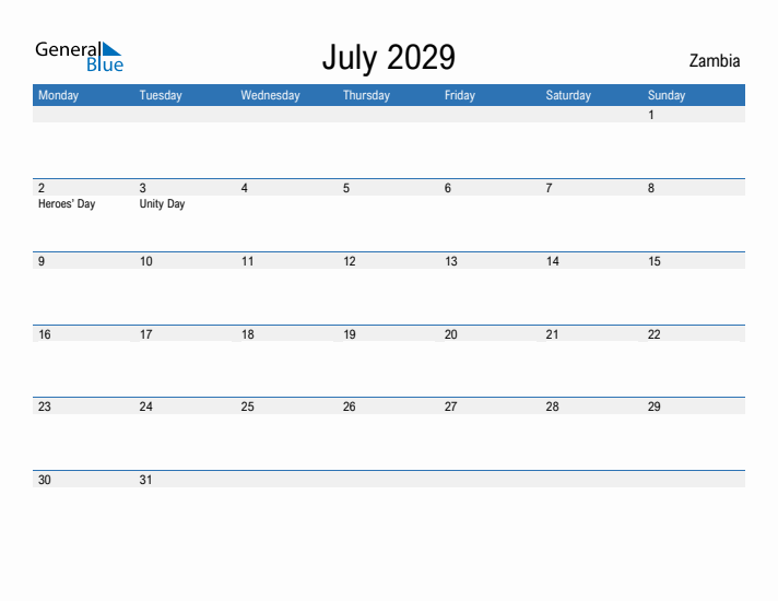 Fillable July 2029 Calendar