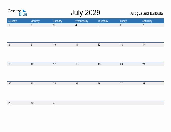 Fillable July 2029 Calendar