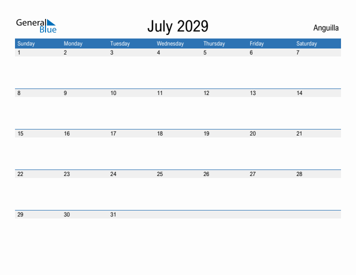 Fillable July 2029 Calendar