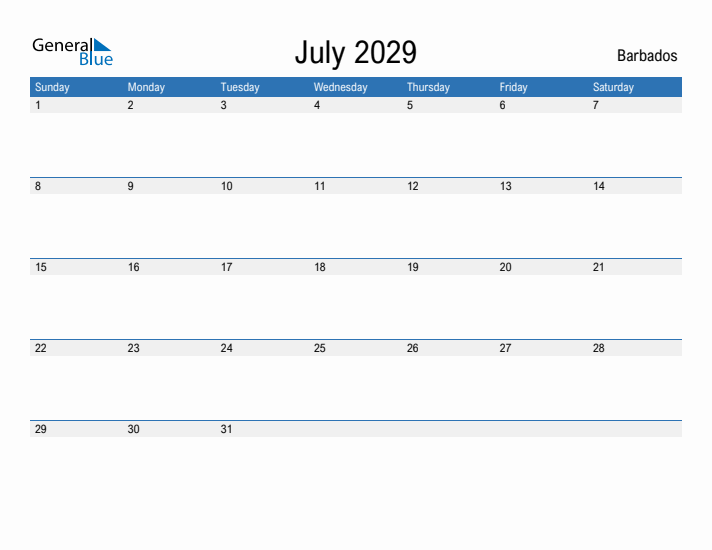 Fillable July 2029 Calendar