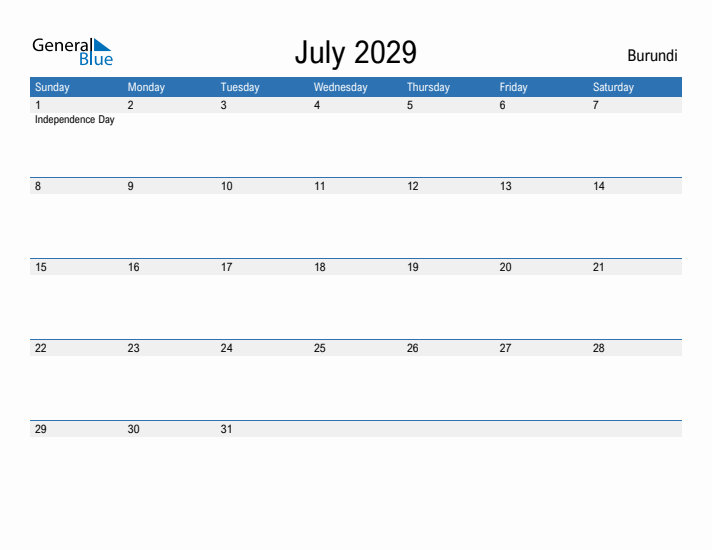 Fillable July 2029 Calendar