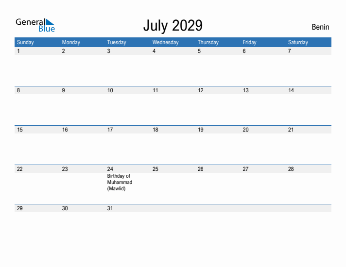 Fillable July 2029 Calendar