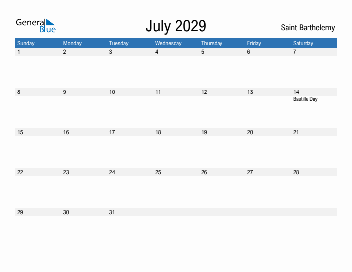 Fillable July 2029 Calendar