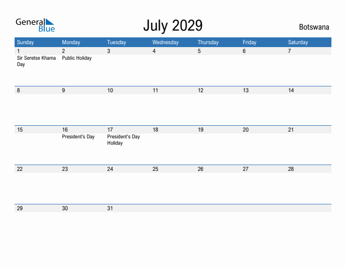 Fillable July 2029 Calendar