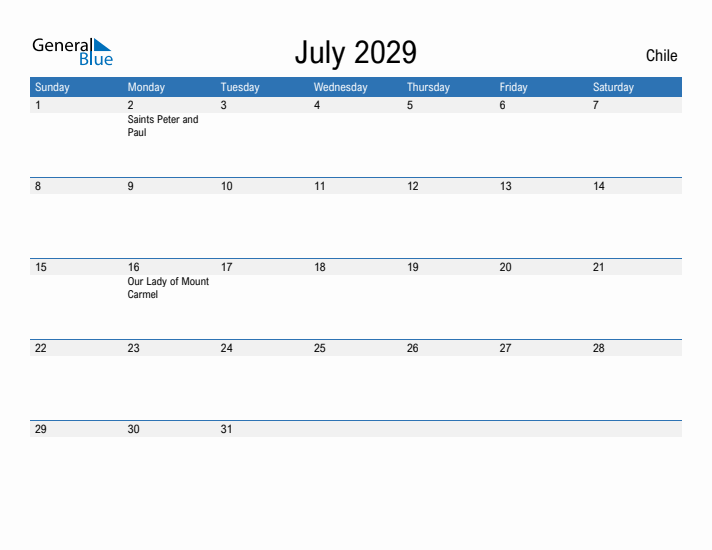 Fillable July 2029 Calendar