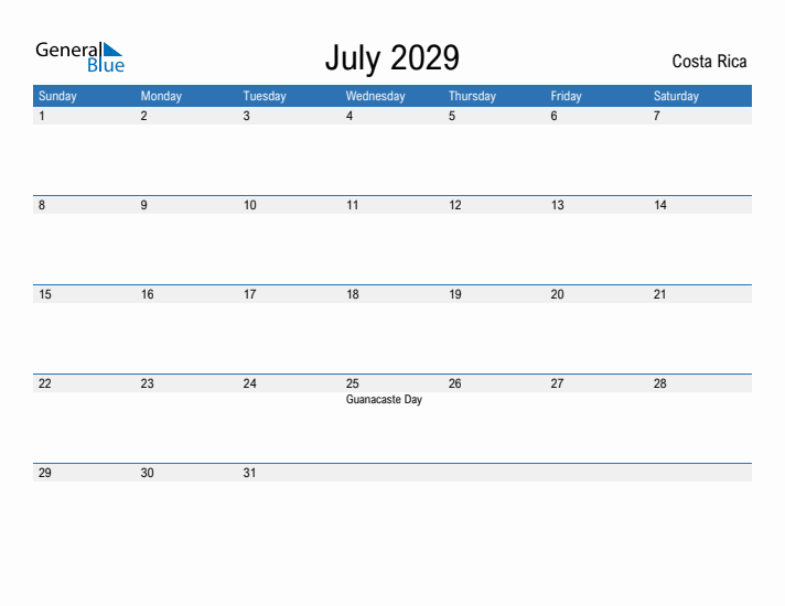 Fillable July 2029 Calendar