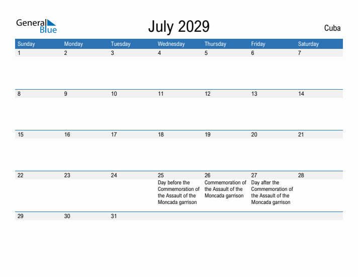 Fillable July 2029 Calendar